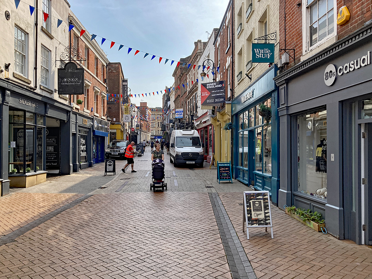 Bunting above the historic shops on Sadler Gate in Derby
